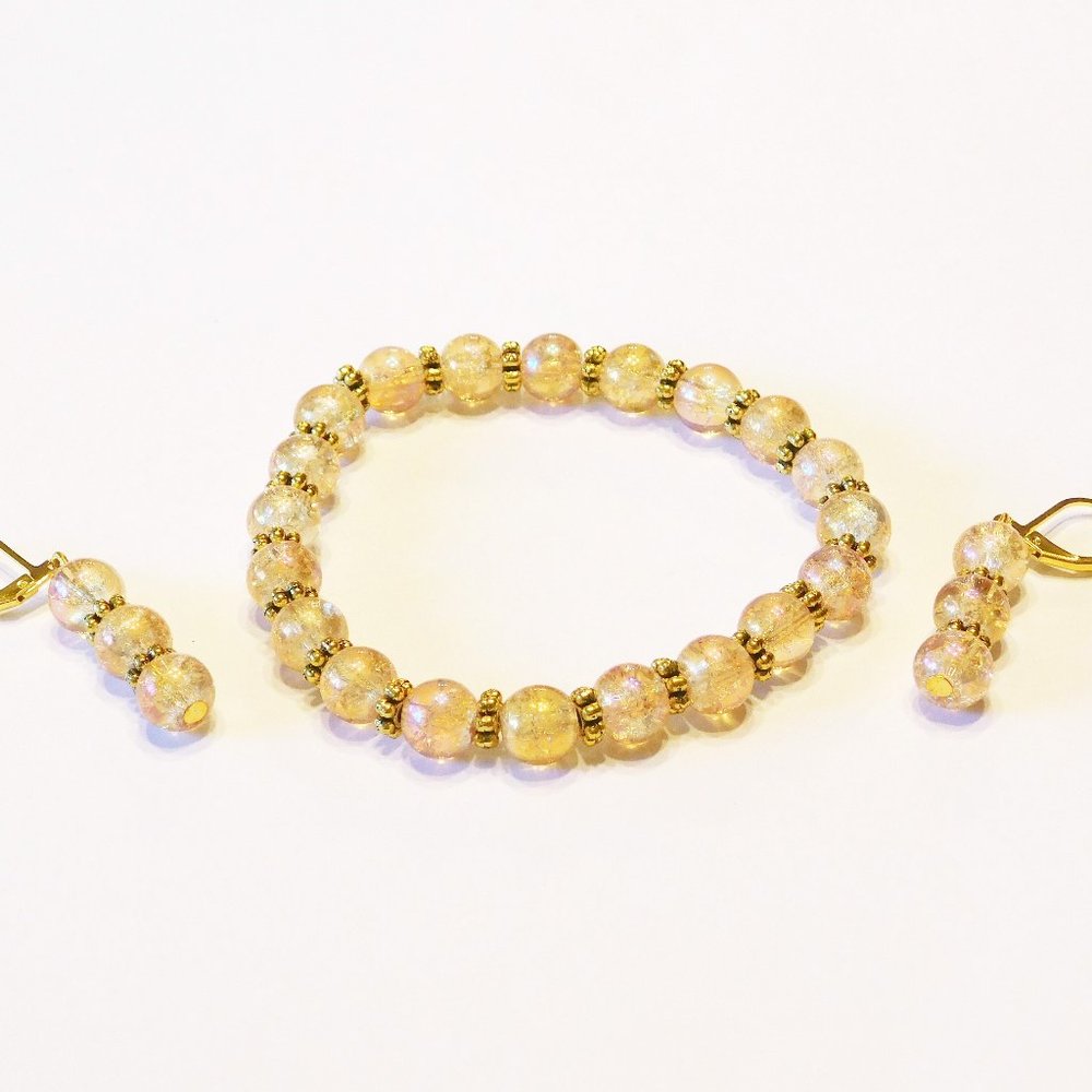 Handmade Peach Gold Glass Beaded Stretch Bracelet & Matching Earrings - …